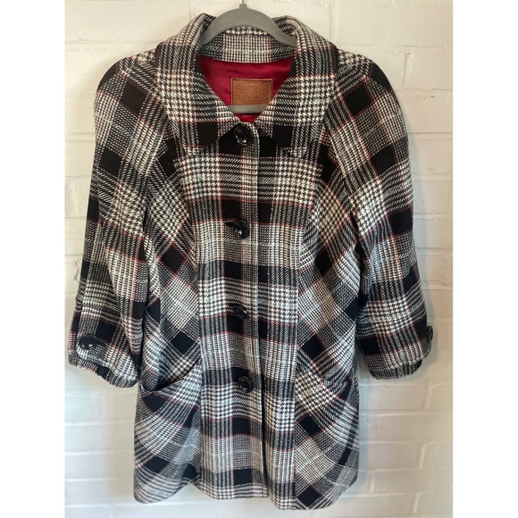 Guess Jackets & Blazers - Vintage Guess Women's Houndstooth Plaid Wool Blend Jacket Coat Red Lining Size L